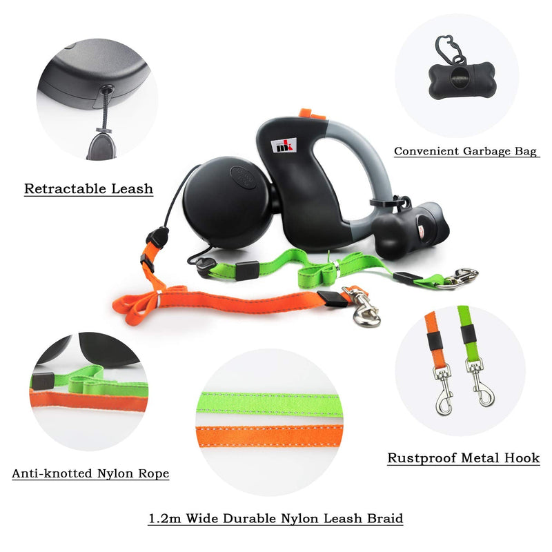 Double Retractable Dog Leash Makife Dual Doggie Pet Leash Dog Leash Automatic Dog Retractable Leash, Retractable 3m Suitable for Small and Medium Dogs Hiking Jogging 15pcs Dog Poop Bags - PawsPlanet Australia