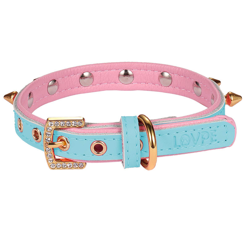 LOVPE Dog Collar/Cat Collar Golden Spiked Studded Double layer Leather Pet Collars with Golden Rhinestone Buckle for Puppy Cats Small Medium Dogs (S, Blue/Pink) S - PawsPlanet Australia