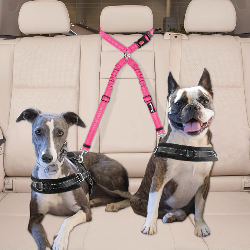 SlowTon Double Seat Belt Dog Car, 2 in 1 Tangle-Free Durable Elastic Dog Seat Belt, Dog Belt with Rotating Stainless Steel Carabiner for 2 Dogs in Vehicle Travel M Fluorescent Pink - PawsPlanet Australia