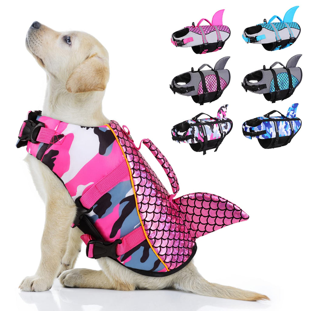 ASENKU Dog Life Jackets, Ripstop Pet Floatation Life Vest for Small, Medium, Large Size Dogs, Dog Lifesaver Preserver Swimsuit for Water Safety at The Pool, Beach, Swimming, Boating (XL,Pink Shark) X-Large Camo Pink - PawsPlanet Australia