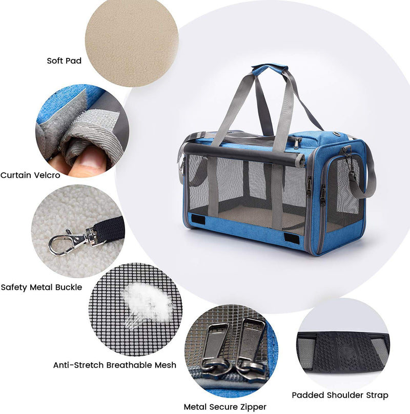 PECHTY Dog Cat Carrier Travel Soft Sided Bags, Airline Approved Pet Carriers for Small Medium Cats Dogs Puppies Bunny（ 18.5”*10.4”*11.4” ）(sky blue) sky blue - PawsPlanet Australia