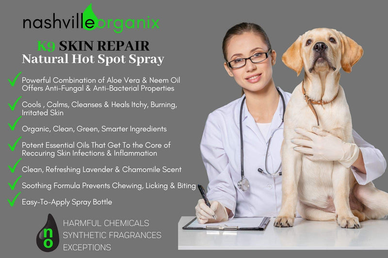 Dr. A's K9 Skin Repair Natural Hot Spot Spray for Dogs | Organic Aloe Vera, Neem Oil, Coconut Oil & Essential Oils Frankincense & Myrrh | Soothing Relief for Dry, Itchy, Burning, Irritated Skin - PawsPlanet Australia