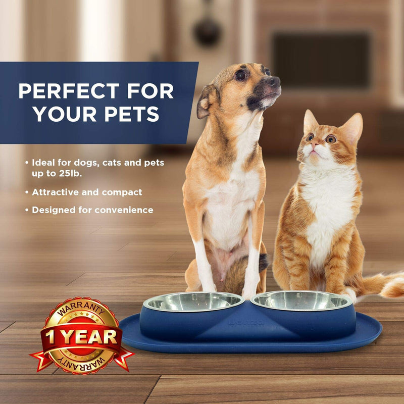 Bonza Double Cat Bowls Feeding Station, 400ml Premium Stainless Steel Dog and Cat Food or Water Bowls with Non-Spill Silicone Base, for Small Dogs and Cats Navy Blue - PawsPlanet Australia