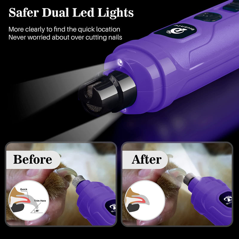 Bousnic Dog Claw Grinder with 2 LED Lights - Quiet, Powerful Electric Toenail Trimmer File with 2 Speeds for Small Medium Dogs and Cats Purple - PawsPlanet Australia