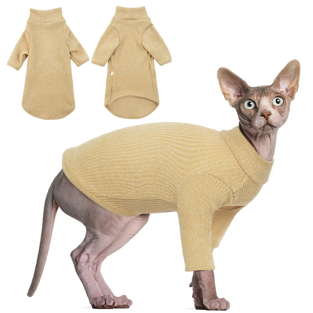 Hairless Cat Vest Turtleneck Breathable Adorable Cat Clothes Pullover Kitten T-Shirts with Sleeves Cat Pajama Jumpsuit for Sphynx, Cornish Rex, Devon Rex, Peterbalg XL(8.8-10lbs) Khaki - PawsPlanet Australia