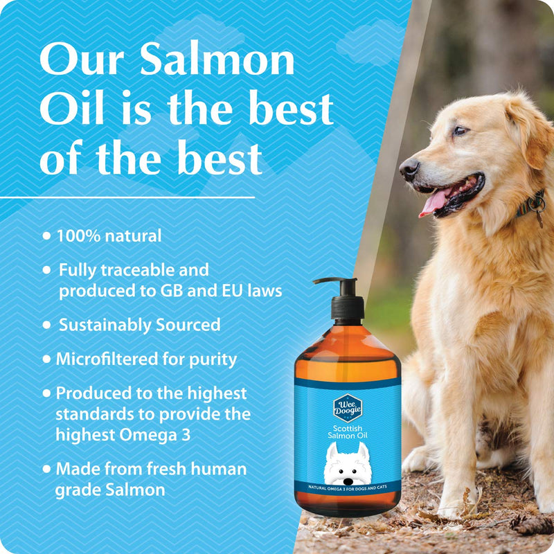 Wee Doogie PUREST SCOTTISH SALMON OIL for Dogs, Cats, Horses, Pets 1lt 1000ml | 100% Pure Natural Food Grade Supplement | Omega 3, 6, 9 for Skin, Coat, Itchy Dog, Hip Joint, Heart, Brain Health | UK 1 l (Pack of 1) - PawsPlanet Australia