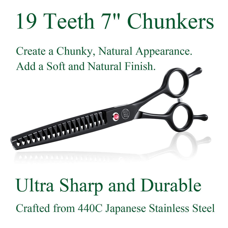 Moontay 7" Dog Grooming Scissors Set, Reversible Trimming Thinning Chunkers, Curved , Straight Cat Pet Grooming Shears with Safety Rounded Tip for Grooming Full Body (Chunker Set-Black-Rounded Tip) Chunker Set-black-rounded Tip - PawsPlanet Australia