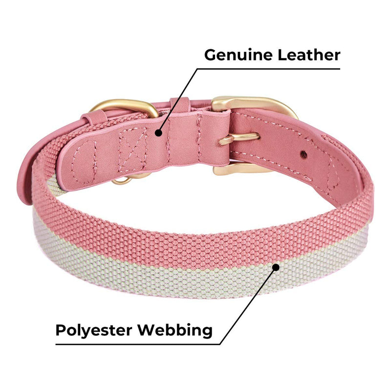 [Australia] - Blueberry Pet 11 Patterns Vintage Polyester Webbing & Genuine Leather Combo Dog Collars Leashes Collar - 1" Wide * (18"-22") Neck Pink & Grey 