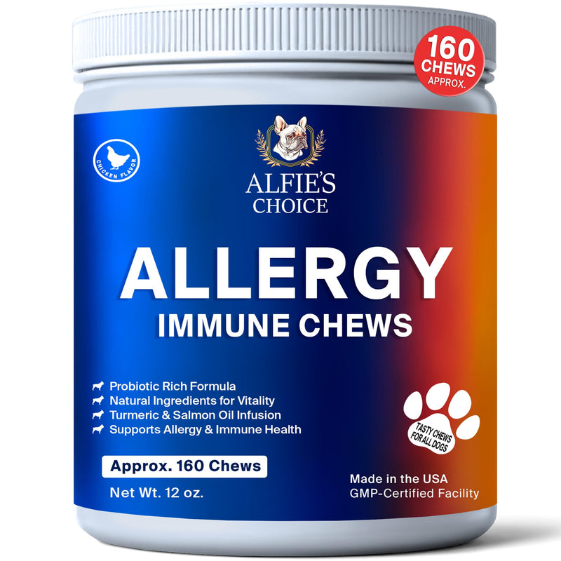 ALFIE'S CHOICE Dog Anti Itch & Allergy Relief Chews - Allergy & Immune Support Supplement - Probiotic Blend with Salmon Oil & Turmeric - Chicken Flavor Soft Chews for Dogs - 12 oz, Appx 160 Count - PawsPlanet Australia