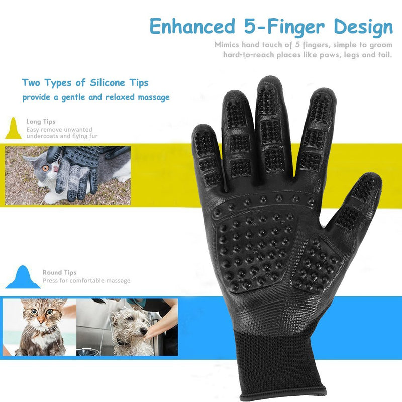 BestParnter Pet Grooming Gloves, Pet Rubber Massage Gloves [Enhanced Five Fingers Design] Pet Hair Remover Mitt Brush Tool for Dogs Cats and Horses Shedding Bathing Grooming Black - PawsPlanet Australia