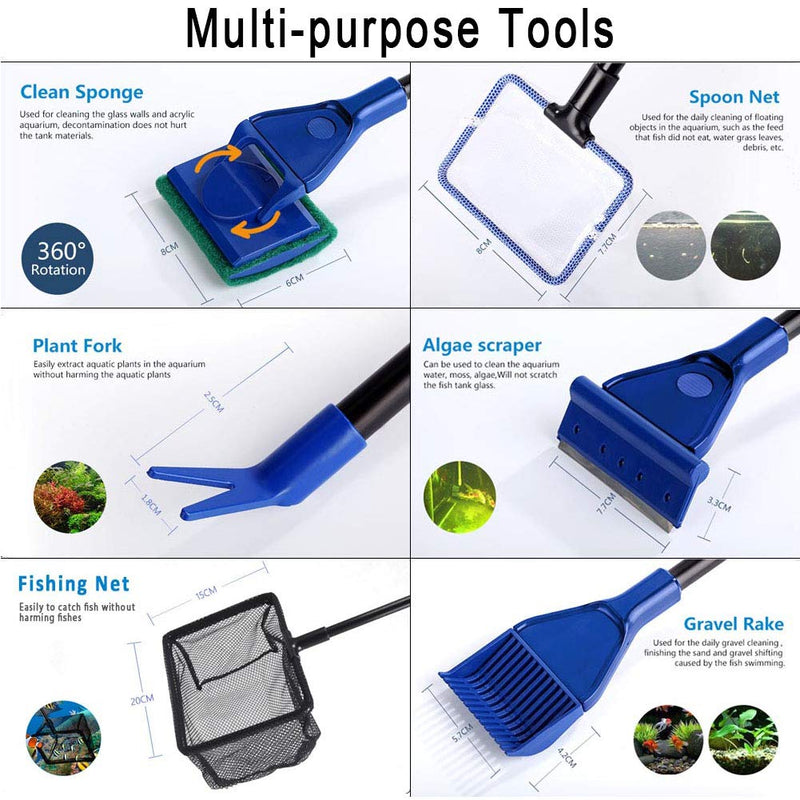 [Australia] - ACEONE Fish Tank Cleaning Tools, 6 in 1 Aquarium Clean Kit for Fish Tank with Adjustable Long Telescopic Handle 