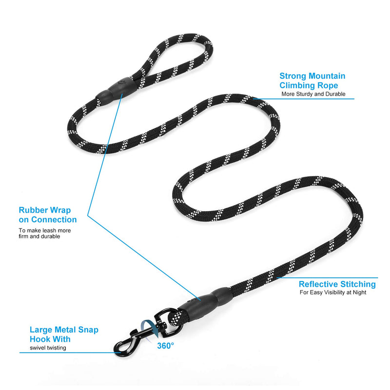 PetBro Dog Leash with Dog Waste Bag Dispenser Tangle-Free and High Reflective Threads Dog Training Leash for Walking and Training, Medium and Large Dogs Non-Loop(Black) - PawsPlanet Australia