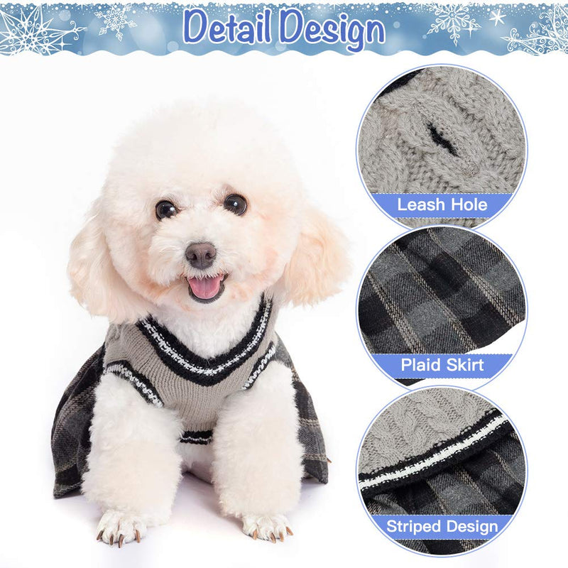 BINGPET Cute Dog Sweater Dress - Warm Pullover Puppy Cat Knit Clothes with Classic Plaid Pattern for Fall Winter X-Small Grey - PawsPlanet Australia