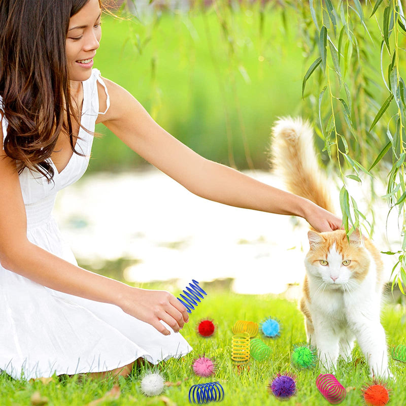 72 Pieces Cat Spring Toys Set 36 Plastic Coils Spring Cat Toys Durable Spiral Spring Kitten Toy and 36 Colorful Pom Pom Balls Cat Plush Chew Ball Cat Interactive Bite Balls Fur Ball for Kitten Cat Pet - PawsPlanet Australia