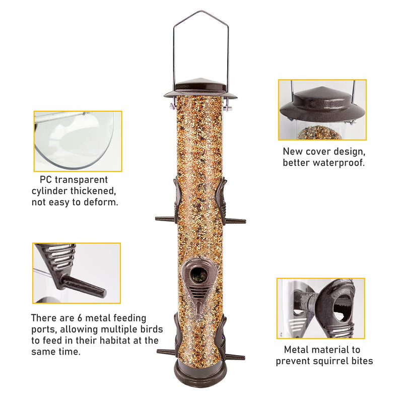 Urban Deco Metal Bird Feeder Tube Hanging Feeders Wild Bird Seed Feeder Heavy Duty Metal 6 Port Bird Feeders with Steel Hanger Weatherproof and Water Resistant Great for Attracting Birds (Coffee) Coffee - PawsPlanet Australia