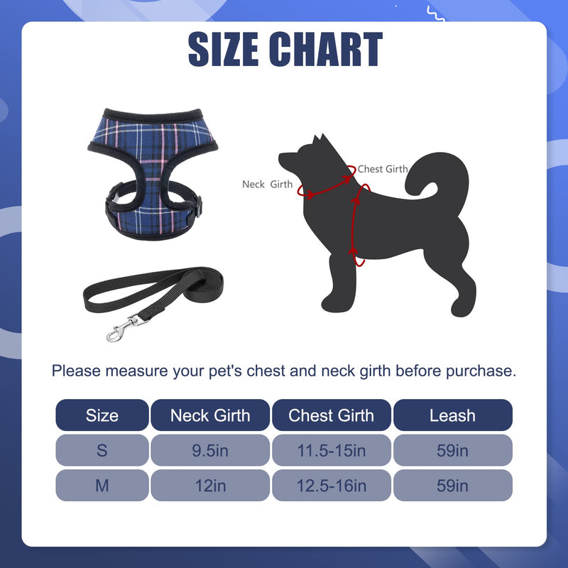 KOOLTAIL Puppy Harness and Leash Set - Soft Mesh Plaid Adjustable & Comfortable No Pull Padded Vest Harness for Small Medium Dogs XS(Neck 9.5"; Chest 11.25"-15") Blue - PawsPlanet Australia