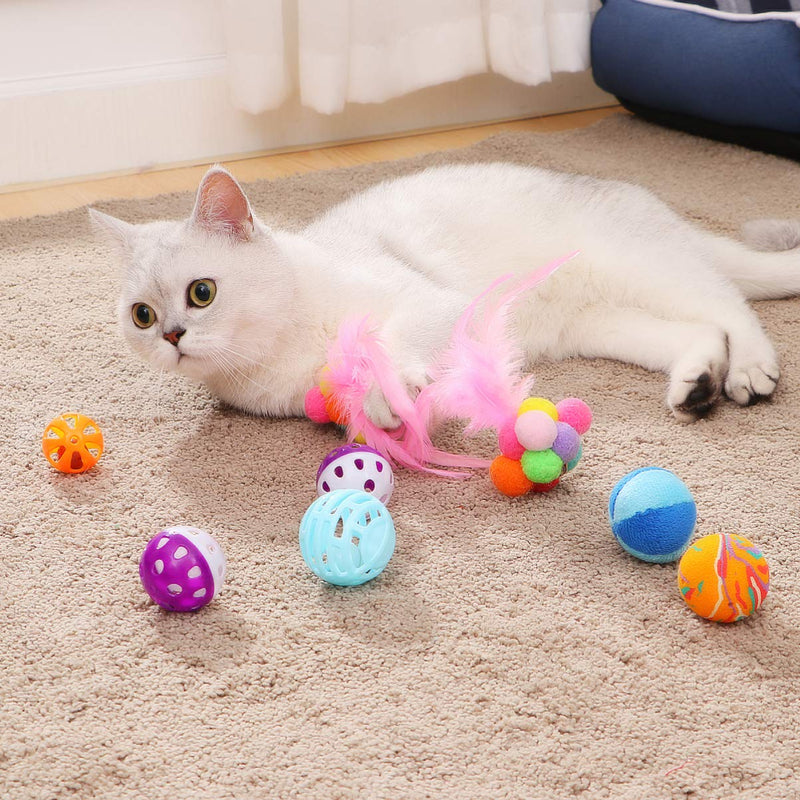[Australia] - POPETPOP 18PCS Cat Toy Balls - Cat Kitten Color Play Ball Set with Knitted Balls, Feather Balls, Crinkle Balls, Pompon Balls, Jingle Bell Balls 