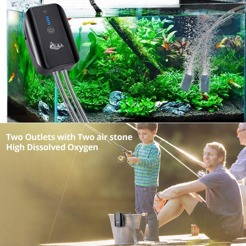 AQQA Aquarium Rechargeable Battery Air Pump,Multifunctional Portable Energy Saving Power Quiet Oxygen Pump, One/Dual Outlets with Air Stone,Suitable for Indoors Power Outages Fishing 1.7W(0-100gal) - PawsPlanet Australia