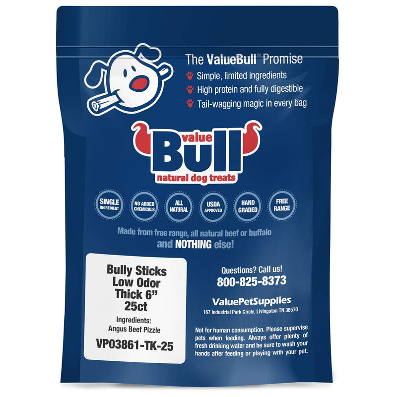 [Australia] - ValueBull Premium Bully Sticks, Thick 6 Inch, 25 Count - All Natural Dog Treats, Angus Beef Pizzles, Rawhide Alternative 