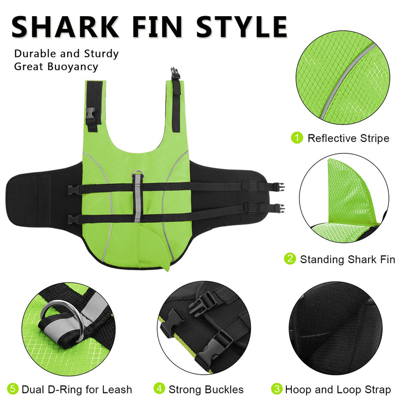 Queenmore Ripstop Dog Life Jacket Shark Life Vest for Dogs, Safety Lifesaver with High Buoyancy and Lift Handle for Small and Medium Breeds X-Small Green - PawsPlanet Australia