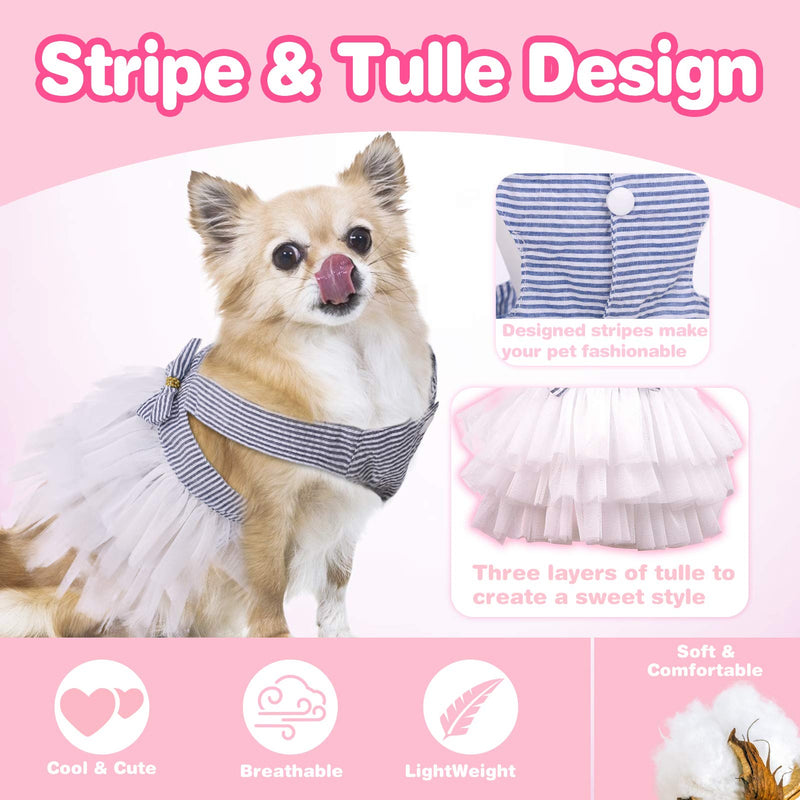 SUNFURA Stripe Dog Dresses, Cute Halter Princess Tutu Dress with Sweetie Bowknot for Small Dogs Cats Pets on Wedding Party Summer Beach, Soft Breathable Puppy Doggie Vest Shirt Apparel (Blue S) Blue - PawsPlanet Australia