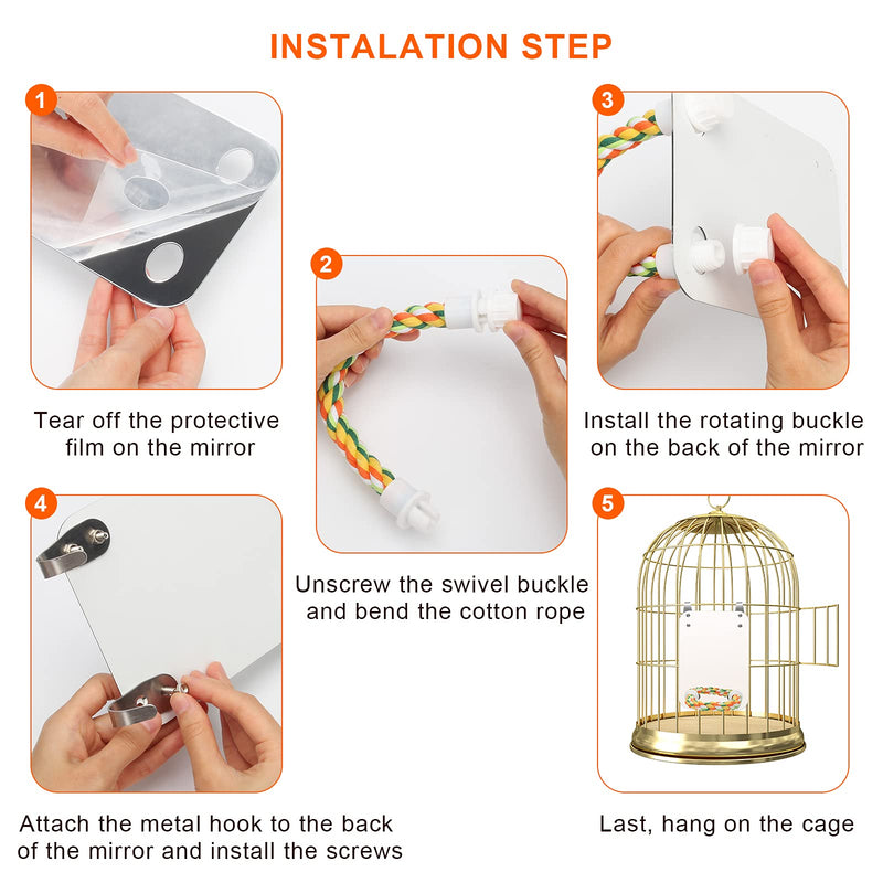 AHIER 7 Inch Bird Mirror with Rope Perch, Bird Toys Swing Parrot Grinding Stone with Bell for Parakeet Cockatoo Cockatiel Lovebirds Canaries - PawsPlanet Australia