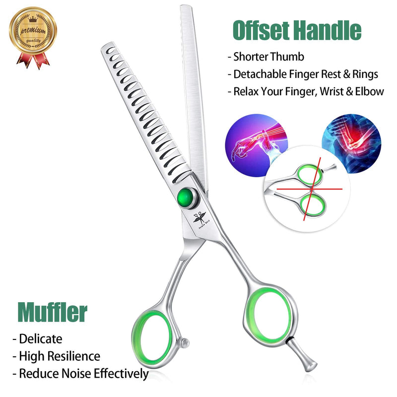 PURPLEBIRD 7 Inch Straight Dog Grooming Scissors Professional Pet Chunker Shears Safety Noiseless Blunt Tip Trimming Shearing for Dogs Cats Japanese Stainless Steel Silver PS04-GreenScrewChunker - PawsPlanet Australia