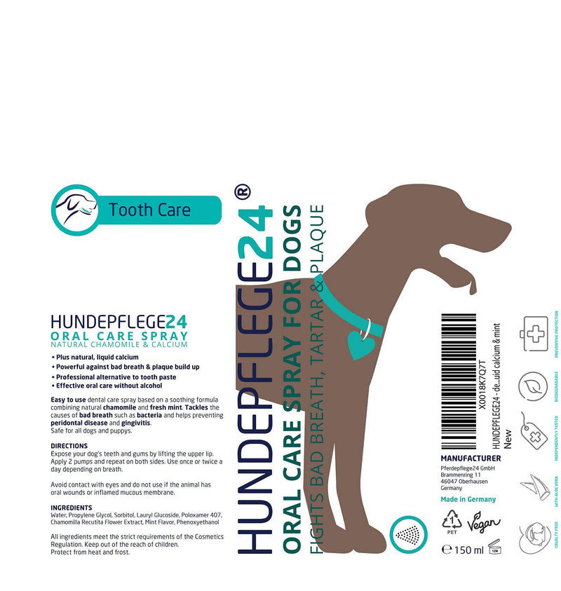 Hundepflege24 - Dental care spray for dogs & cats - 150 ml - dental care with active natural ingredients, plaque remover & dog breath freshener with chamomile, mint & liquid calcium - PawsPlanet Australia
