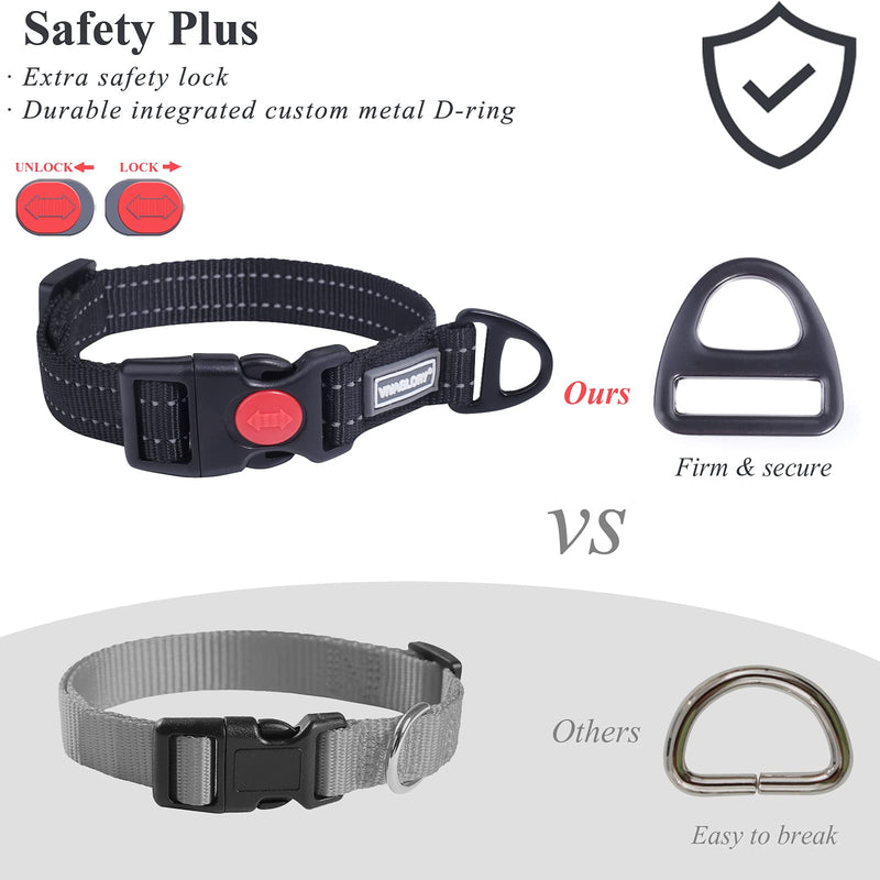 VIVAGLORY Reflective Nylon Dog Collar with Safety Locking Buckle, Adjustable Puppy Collar for Daily Walking Hunting and Training, Black XS: Neck 8 ½"-12", Width 3/4" - PawsPlanet Australia