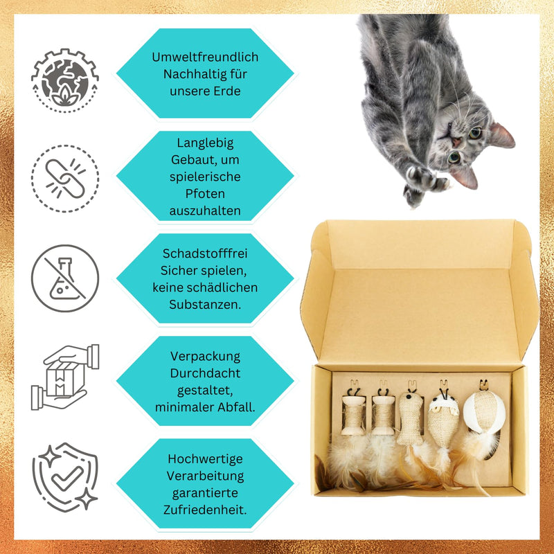 Pawfect Family® Natural Cat Toy Set: 5 Sisal Toys with Feather Charms. Suitable as a replacement for cat fishing rods. - PawsPlanet Australia