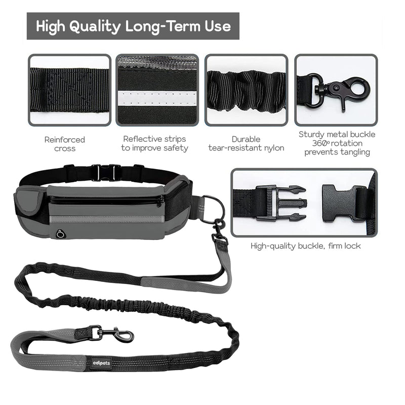 Edipets, Dog Jogging Lead, Hands-Free, Running, Hiking, Webbing, Anti-Stress, Reflective, 160-220cm (Grey) - PawsPlanet Australia