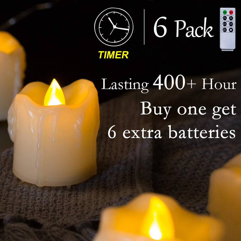 Homemory 400+ Hours 6 Pack Flameless LED Votive Candles with Timer, Battery Operated and Remote Control, Flickering Tea Lights 1.5x1.7 inches - Wedding, Halloween, Thanksgiving, Table Amber Yellow(6 Extra Batteries) - PawsPlanet Australia