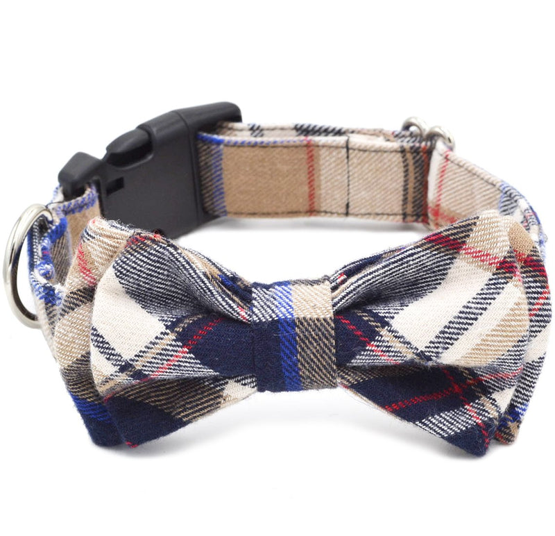 [Australia] - Freezx Dog Collar with Bow Tie - Adjustable 100% Hand Made Cotton Design - Cute Fashion Dog Collars with Bow Ties for Small Medium Large Dogs - Red,Brown,Blue,Green,Yellow Plaid Stripe Pattern S collar length 11.5"- 14.5" Brown 