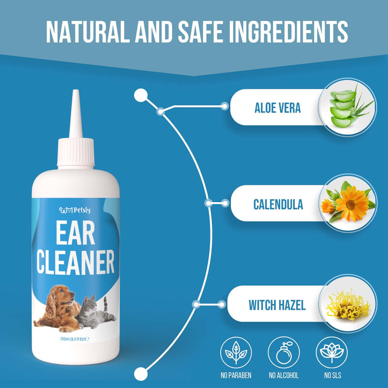 Petsly Protective Ear Cleaner Dog Care - Natural Ear Cleaner for Dogs with Nourishing Aloe Vera, Effective as a Dog Ear Cleaner Spray - or for Cats Ears, Dog Ear Care [250ml] - PawsPlanet Australia