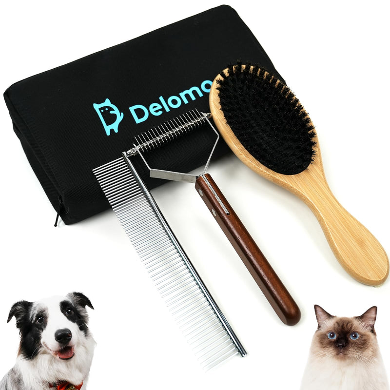 DELOMO Dog Brush Set, Undercoat Rake, Dog Comb, Bristles Brush for Shedding, Dematting, and Deshedding - Ideal Shedding Tool for Medium or Long-haired Dogs and Cats (3PCS) - PawsPlanet Australia