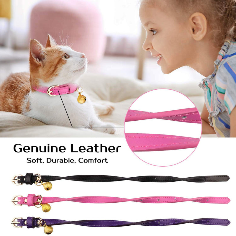 [Australia] - 3 PCS Leather Cat Collars with Bell Kitten Collars Cat Safety Soft Adjustable Collars Black Purple Pink 