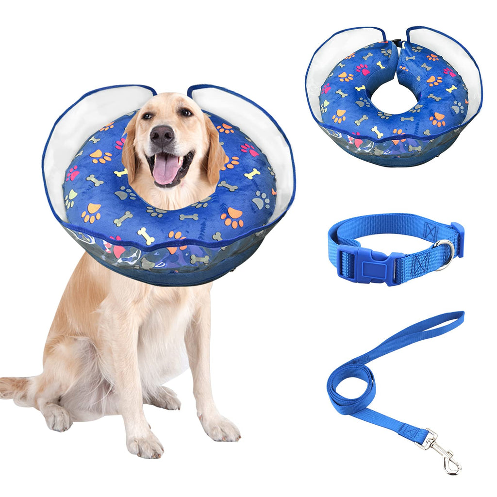 Dog Cone Soft Comfy Inflatable Collar for Small Medium Large Dogs After Surgery to Stop Licking and Scratching with Enhanced Anti Licking Baffle Martingale Nylon Collar and Leash Blue L - PawsPlanet Australia