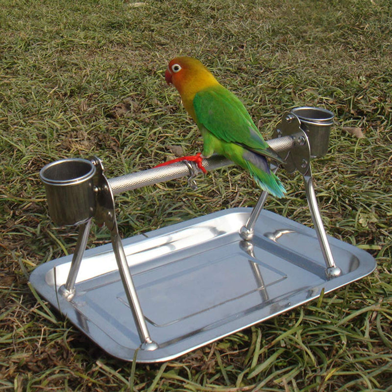 [Australia] - Bird Tabletop Perch Stand Stainless Steel Play Gym Playstand with Cups and Tray for Budgie Parakeet Cockatiel Conure S 