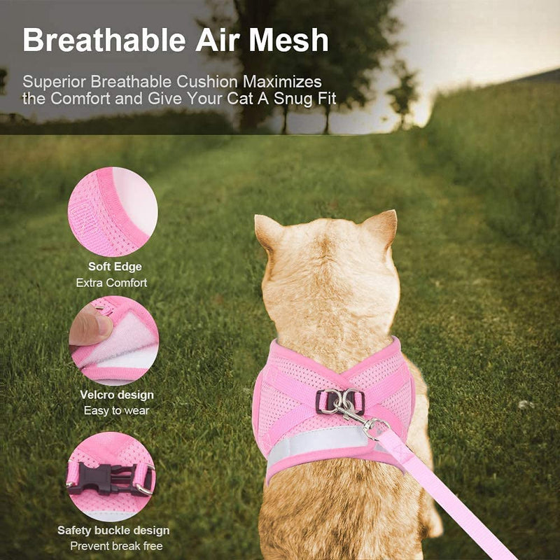 Supet Cat Harness and Leash Set for Walking Escape Proof with 2-in-1 Leash and Car Seat Belt Adjustable Harness for Cats Soft Mesh Cat Vest with Reflective Strap for Kitten Rabbit Puppy X-Small (Chest: 10" - 12") Pink - PawsPlanet Australia