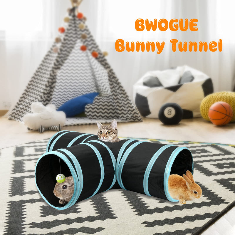 BWOGUE Bunny Tunnels & Tubes Collapsible 3 Way Bunny Hideout Small Animal Activity Tunnel Toys for Dwarf Rabbits Bunny Guinea Pigs Kitty Blue - PawsPlanet Australia