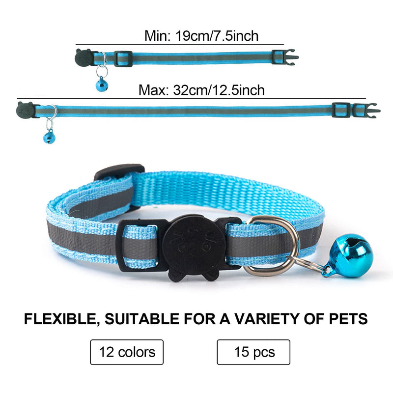 TSHAOUN Pack of 15 Adjustable Reflective Cat Collars with Safety Clasp, Fluorescent Kitten Collars with Bell for Domestic Cats, Small Dogs Adjustable 19-32 cm - PawsPlanet Australia