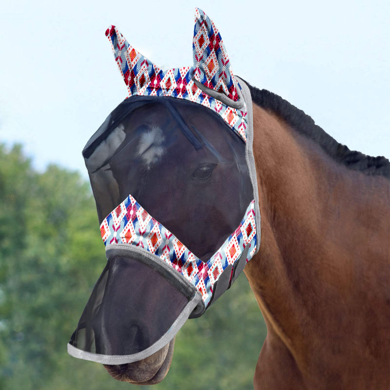 Harrison Howard CareMaster Horse Fly Mask Long Nose with Ears UV Protection for Horse-Tribal Rhombus Cob (Medium) Tribal Rhombus - PawsPlanet Australia