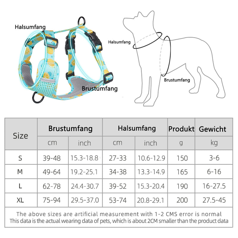 Lairle Dog Harness Fruit Pattern, Mesh Dog Harness, No Pull Dog Harness Adjustable Reflective Dog Vest Harness for Small Medium Large Dogs M Blue - PawsPlanet Australia