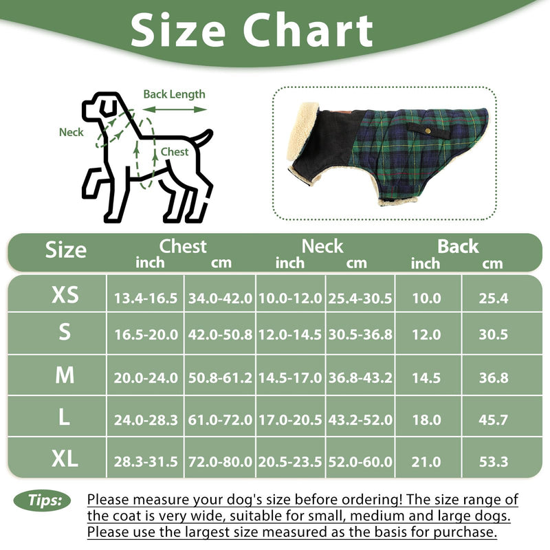 CITÉTOILE Warm fleece dog coat, winter coat, winter jackets for small/large/medium dogs, dog jacket, dog clothes, dog sweater with harness hole, Chihuahua coat for outdoor indoor, L Large green-black checked - PawsPlanet Australia
