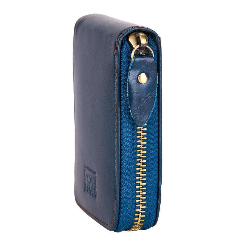 BRASS TACKS Leathercraft Vintage Craft Full Leather Front Pocket Wallet RFID Blocker Wallet Multi Card Slots Zipper Men Women Shipped with Box M Navy Blue - PawsPlanet Australia