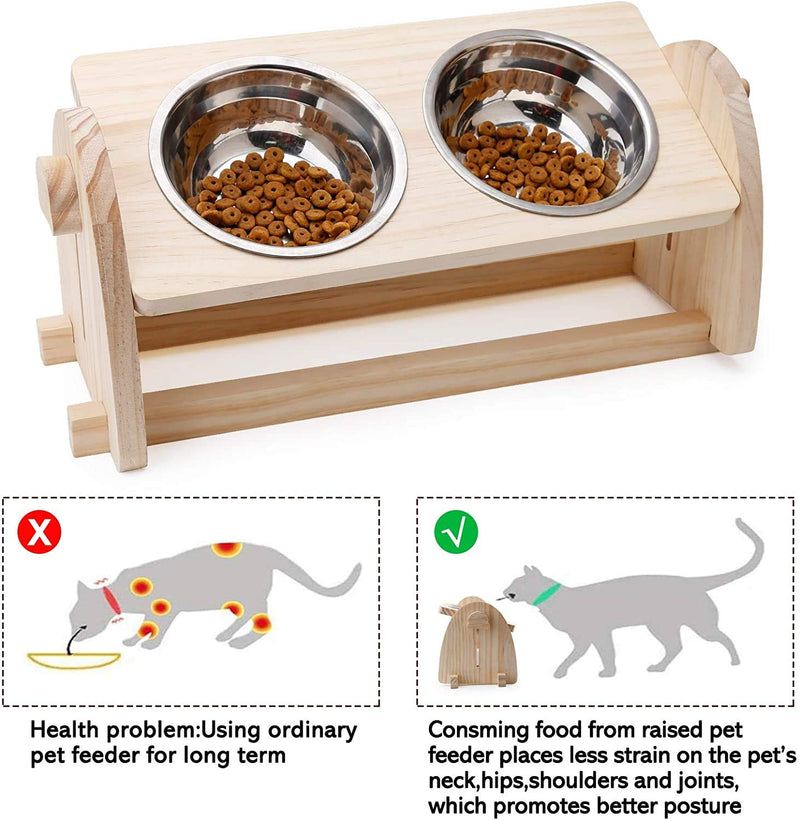 Tilted Cat Feeding Bowls DIY Raised Adjustable Wooden Slanted Elevated Pet Feeder to aid Digestion Dry Wet food Water for Dog Feeding Bowls (16.7*6.6*6.8inch, Wooden) 180ML+180ML - PawsPlanet Australia