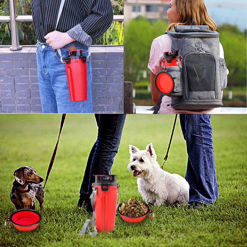 MATT SAGA Portable Dog Water Bottle and Food Container for Travel 2-in-1 Dual Chamber Bottle with 2 Collapsible Bowls Dogs Cats Feeder Water Food Bottle Outdoor Travel (Red) Red - PawsPlanet Australia