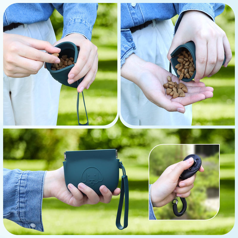 FIDWALL Silicone Dog Treat Bag Automatic Closure with Clickers for Dog Training Walking Dogs and Cats Pocket Size Easy Clean Travel Bag Dark Green - PawsPlanet Australia