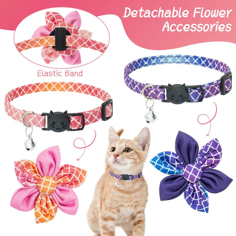 BINGPET Breakaway Cat Collar with Bells, 2 Pcs Adjustable Kitten Collars with Detachable Flower Accessories, Unique Gradient Pattern, Pink/Purple - PawsPlanet Australia