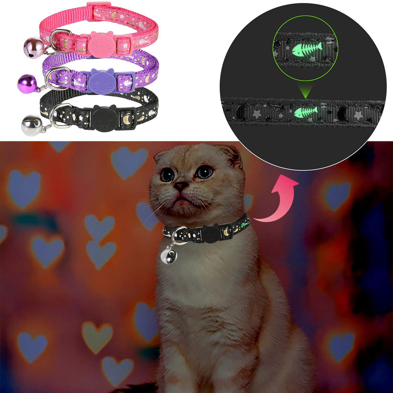 SLSON 3 Pack Cat Collar Breakaway Kitten Collar with Bell Moon Star and Fish Bone Pattern Cat Collars Glow in Dark Adjustable from 7.5-11.4In (3 Pack, Purple+Pink+Black) - PawsPlanet Australia